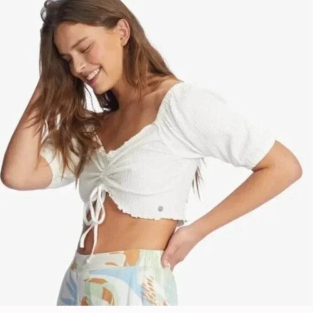ROXY White Flirty Walk Crop Puff Sleeve Top Boho Beachy